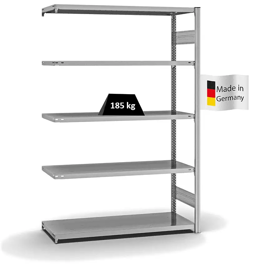 Fachbodenregal Stecksystem MAGNUS Made in Germany | Anbauregal | HxBxT 200x130x50cm | 5 Ebenen | Fachlast 185 kg | Beidseitig nutzbar | Verzinkt