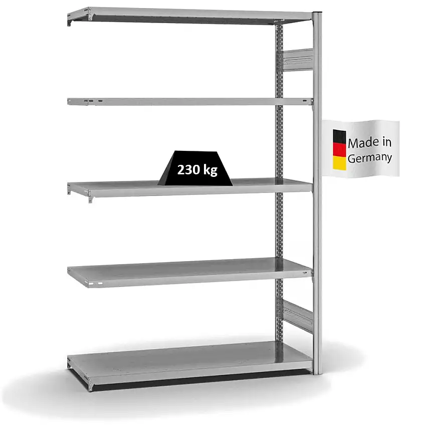 Fachbodenregal Stecksystem MAGNUS Made in Germany | Anbauregal | HxBxT 200x130x50cm | 5 Ebenen | Fachlast 230 kg | Beidseitig nutzbar | Verzinkt