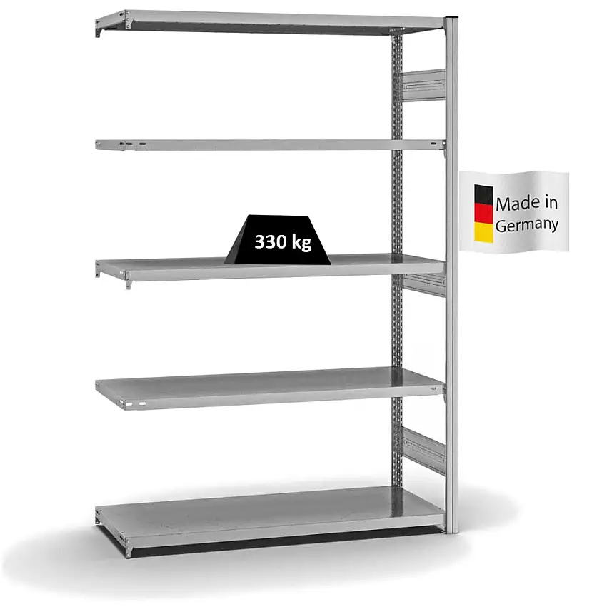 Fachbodenregal Stecksystem MAGNUS Made in Germany | Anbauregal | HxBxT 200x130x50cm | 5 Ebenen | Fachlast 330 kg | Beidseitig nutzbar | Verzinkt