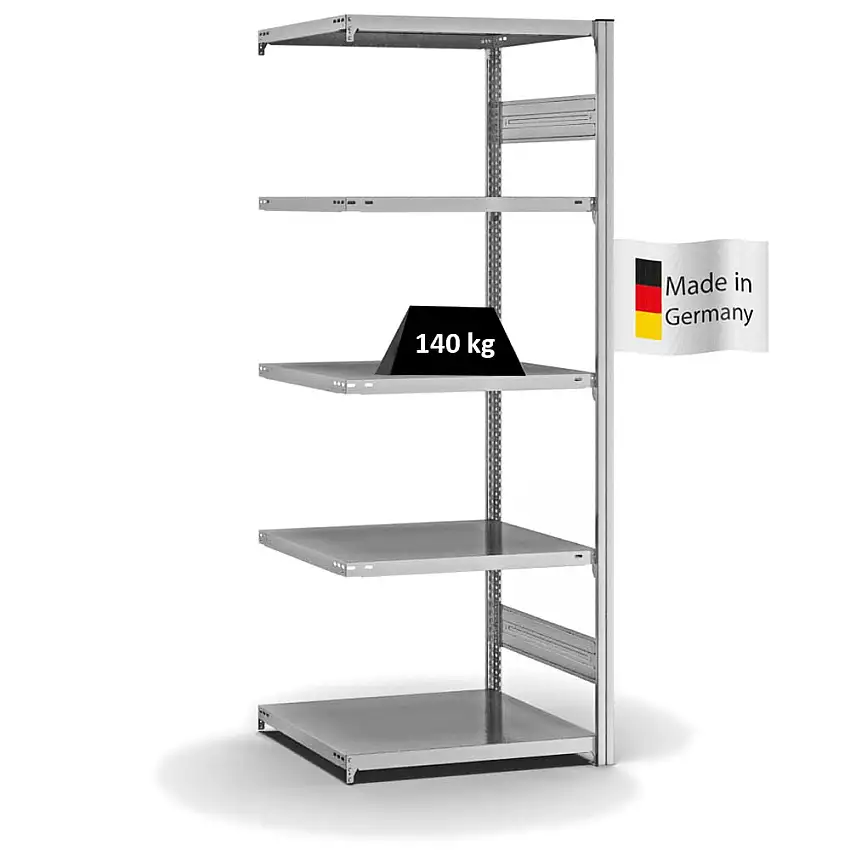 Fachbodenregal Stecksystem MAGNUS Made in Germany | Anbauregal | HxBxT 200x75x60cm | 5 Ebenen | Fachlast 140 kg | Beidseitig nutzbar | Verzinkt