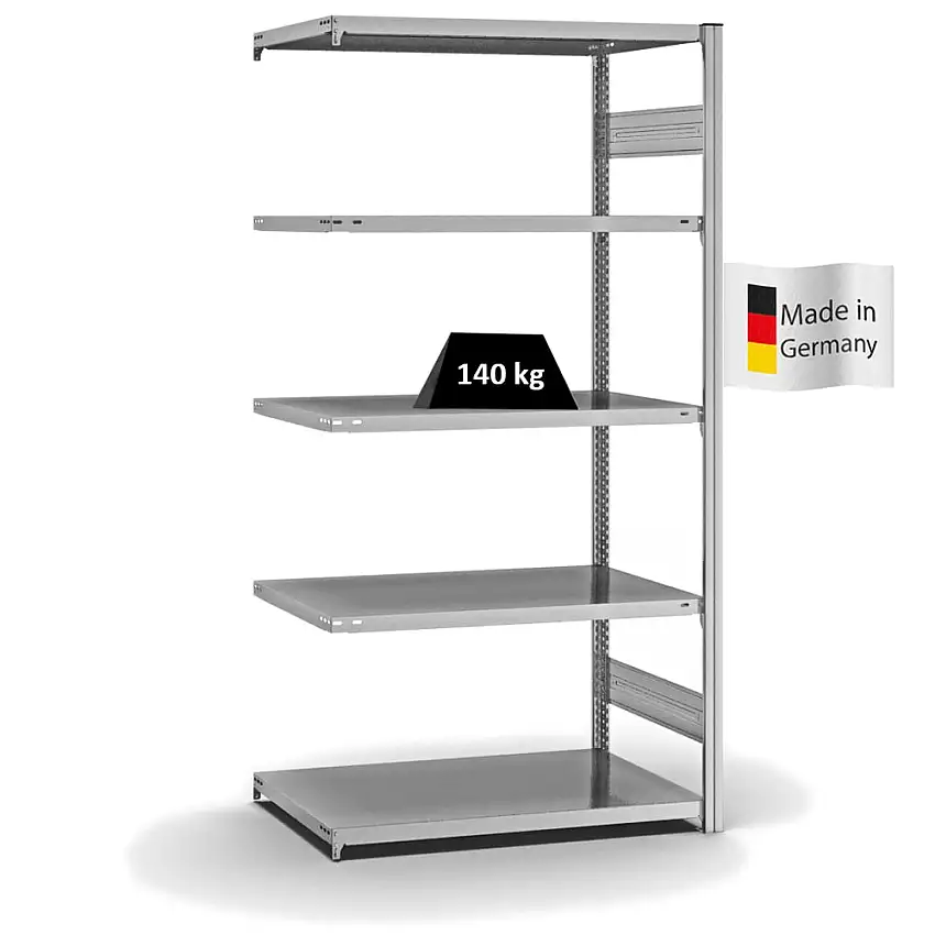 Fachbodenregal Stecksystem MAGNUS Made in Germany | Anbauregal | HxBxT 200x100x60cm | 5 Ebenen | Fachlast 140 kg | Beidseitig nutzbar | Verzinkt
