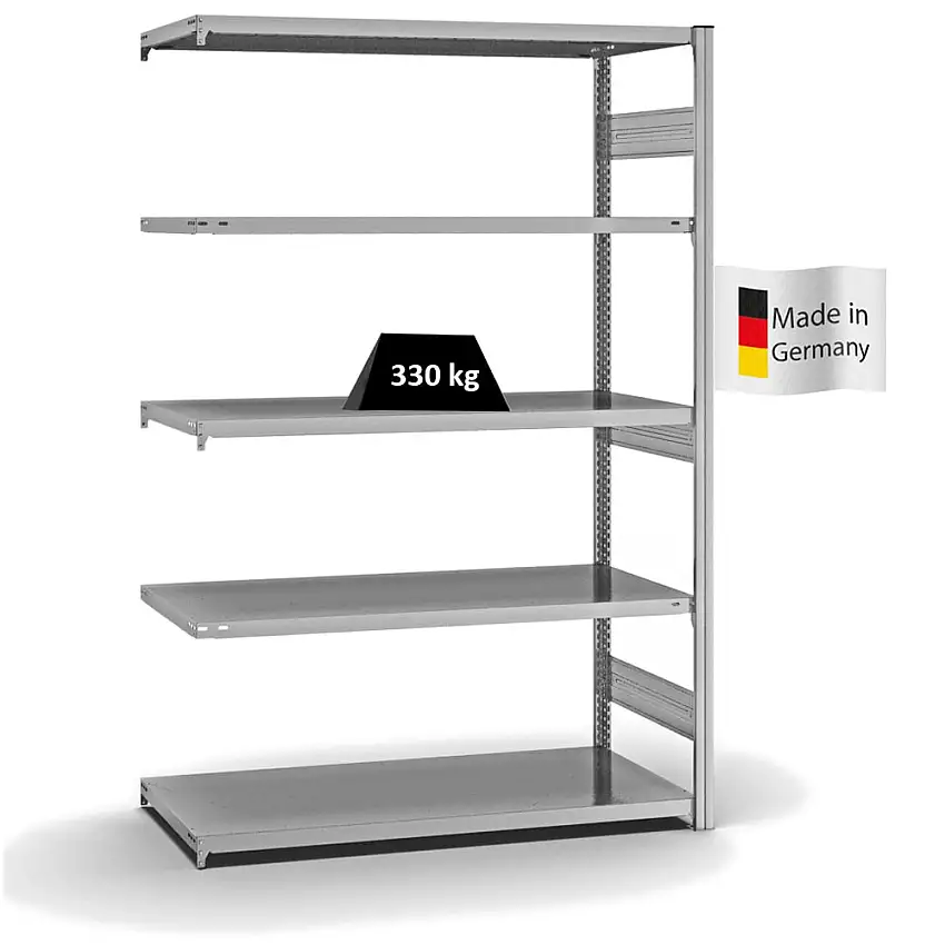 Fachbodenregal Stecksystem MAGNUS Made in Germany | Anbauregal | HxBxT 200x130x60cm | 5 Ebenen | Fachlast 330 kg | Beidseitig nutzbar | Verzinkt
