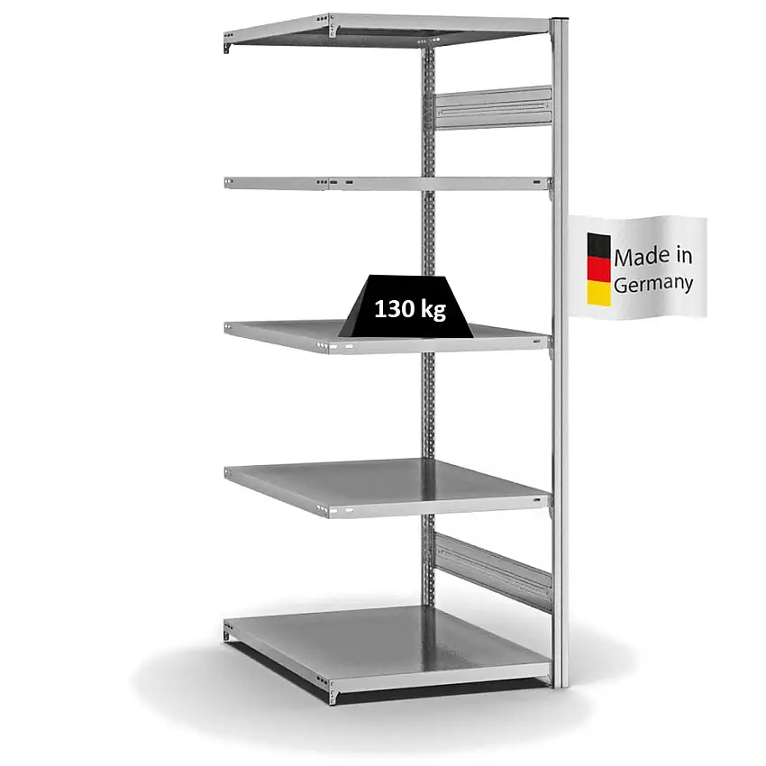 Fachbodenregal Stecksystem MAGNUS Made in Germany | Anbauregal | HxBxT 200x75x80cm | 5 Ebenen | Fachlast 130 kg | Beidseitig nutzbar | Verzinkt