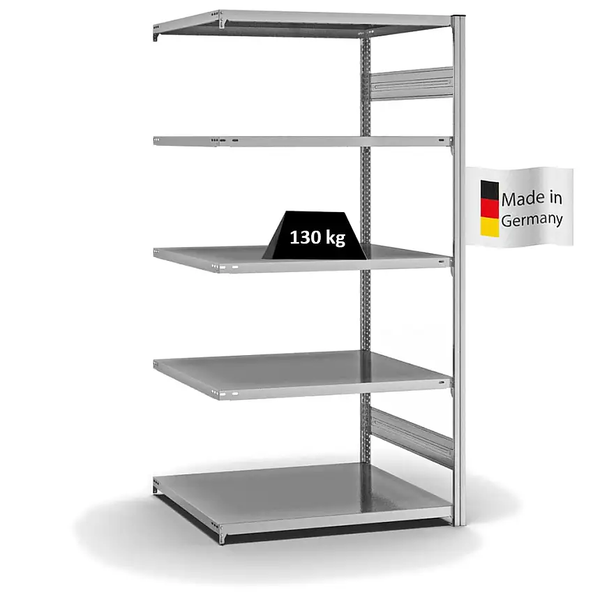 Fachbodenregal Stecksystem MAGNUS Made in Germany | Anbauregal | HxBxT 200x100x80cm | 5 Ebenen | Fachlast 130 kg | Beidseitig nutzbar | Verzinkt