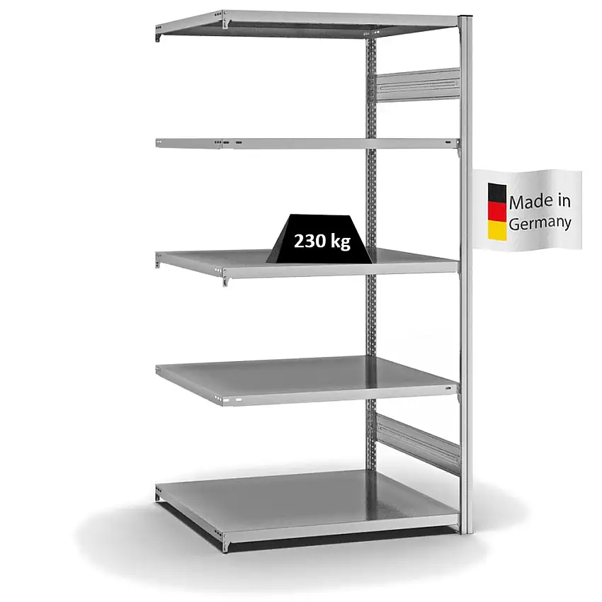 Fachbodenregal Stecksystem MAGNUS Made in Germany | Anbauregal | HxBxT 200x100x80cm | 5 Ebenen | Fachlast 230 kg | Beidseitig nutzbar | Verzinkt