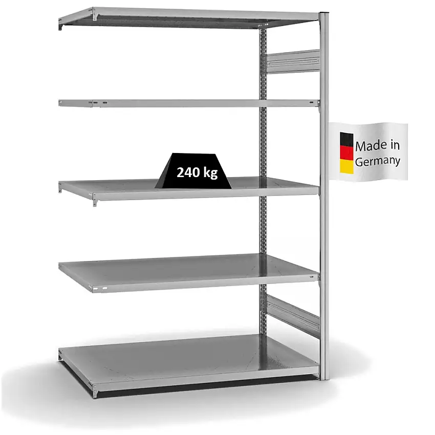 Fachbodenregal Stecksystem MAGNUS Made in Germany | Anbauregal | HxBxT 200x130x80cm | 5 Ebenen | Fachlast 240 kg | Beidseitig nutzbar | Verzinkt