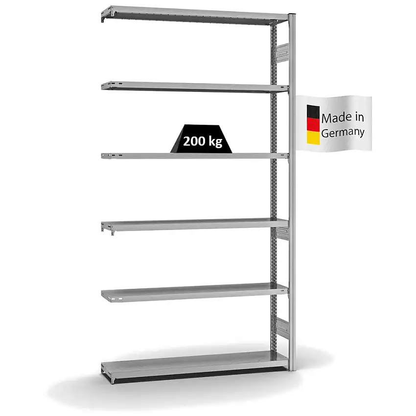 Fachbodenregal Stecksystem MAGNUS Made in Germany | Anbauregal | HxBxT 250x130x30cm | 6 Ebenen | Fachlast 200 kg | Beidseitig nutzbar | Verzinkt