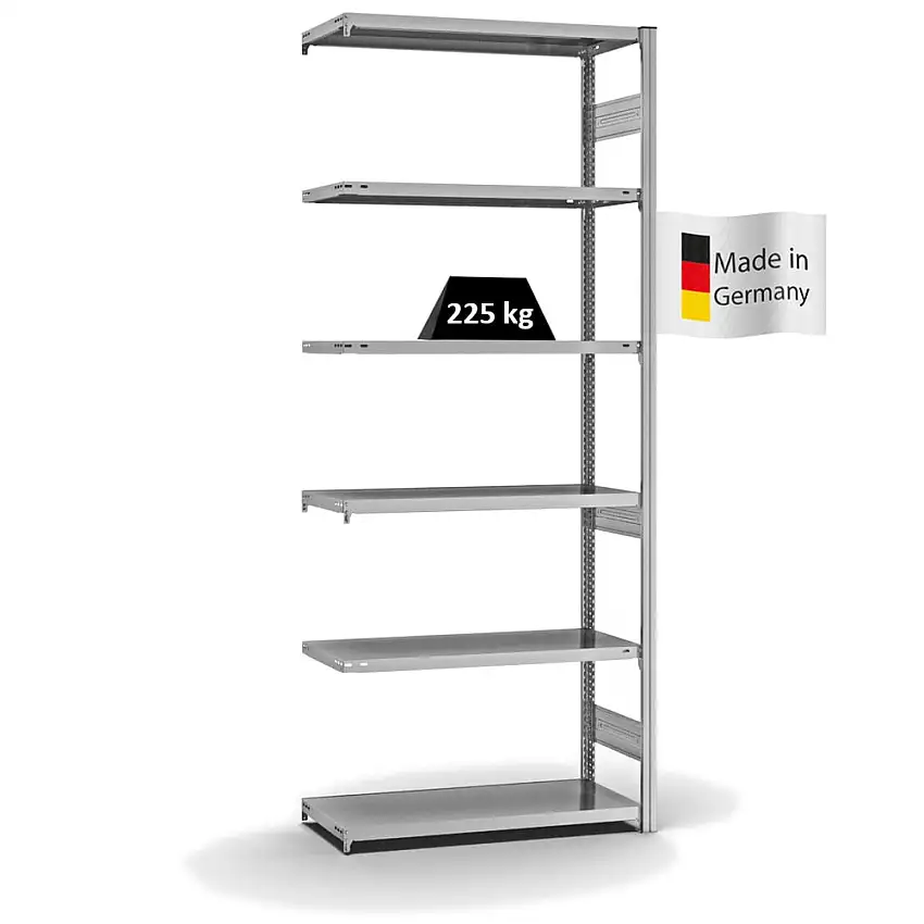 Fachbodenregal Stecksystem MAGNUS Made in Germany | Anbauregal | HxBxT 250x100x40cm | 6 Ebenen | Fachlast 225 kg | Beidseitig nutzbar | Verzinkt