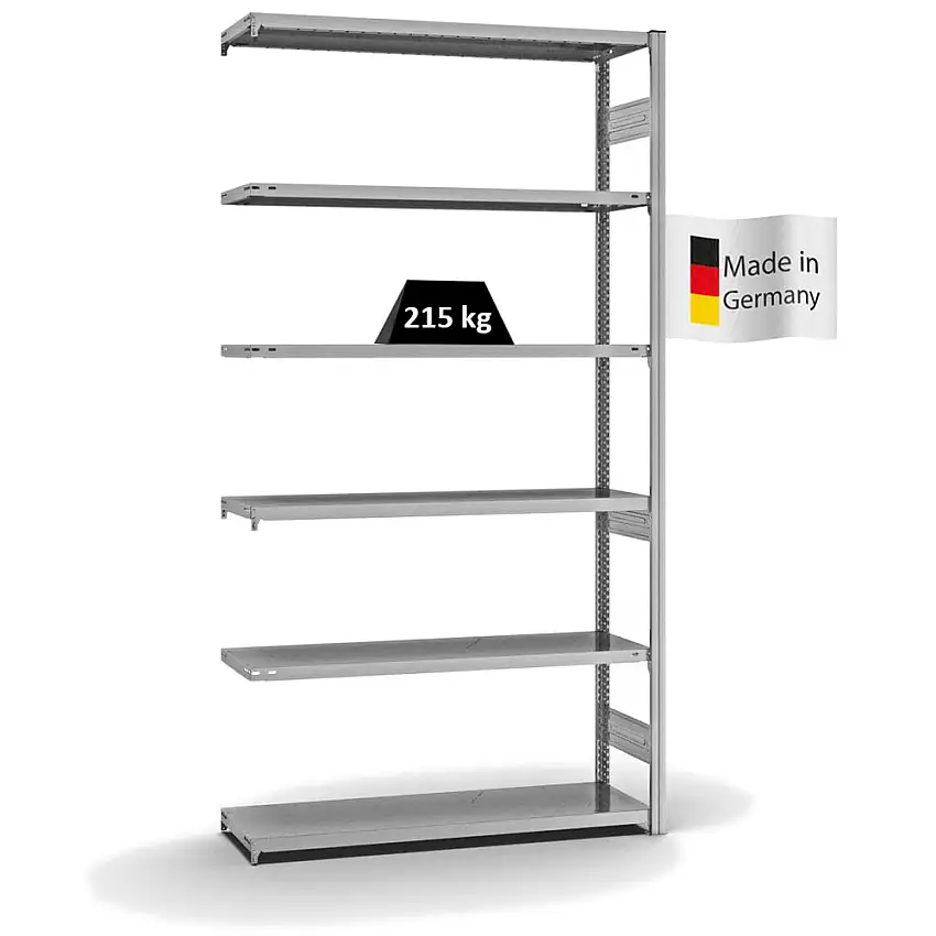 Fachbodenregal Stecksystem MAGNUS Made in Germany | Anbauregal | HxBxT 250x130x40cm | 6 Ebenen | Fachlast 215 kg | Beidseitig nutzbar | Verzinkt