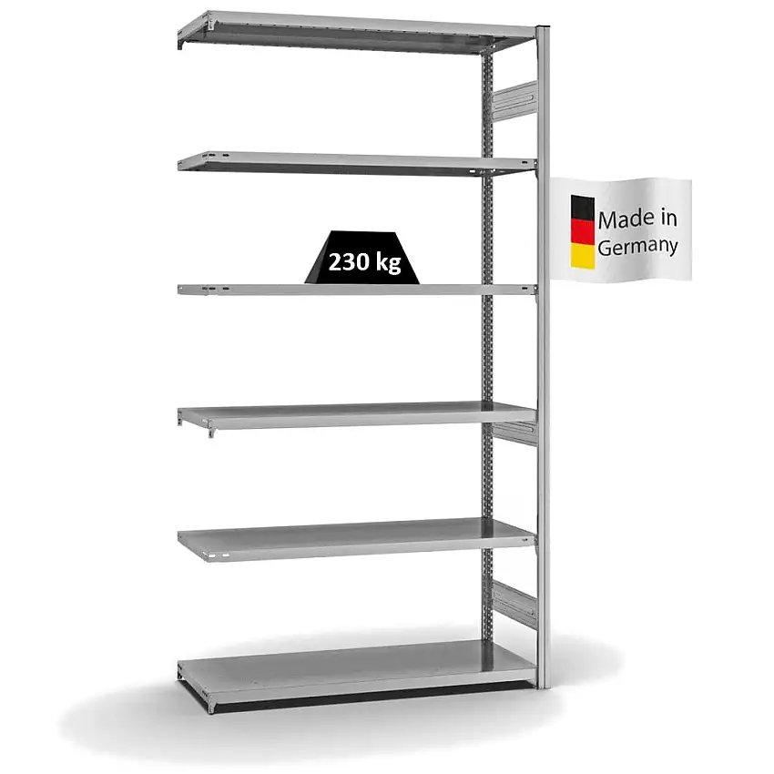 Fachbodenregal Stecksystem MAGNUS Made in Germany | Anbauregal | HxBxT 250x130x50cm | 6 Ebenen | Fachlast 230 kg | Beidseitig nutzbar | Verzinkt