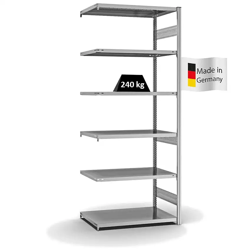 Fachbodenregal Stecksystem MAGNUS Made in Germany | Anbauregal | HxBxT 250x100x60cm | 6 Ebenen | Fachlast 240 kg | Beidseitig nutzbar | Verzinkt
