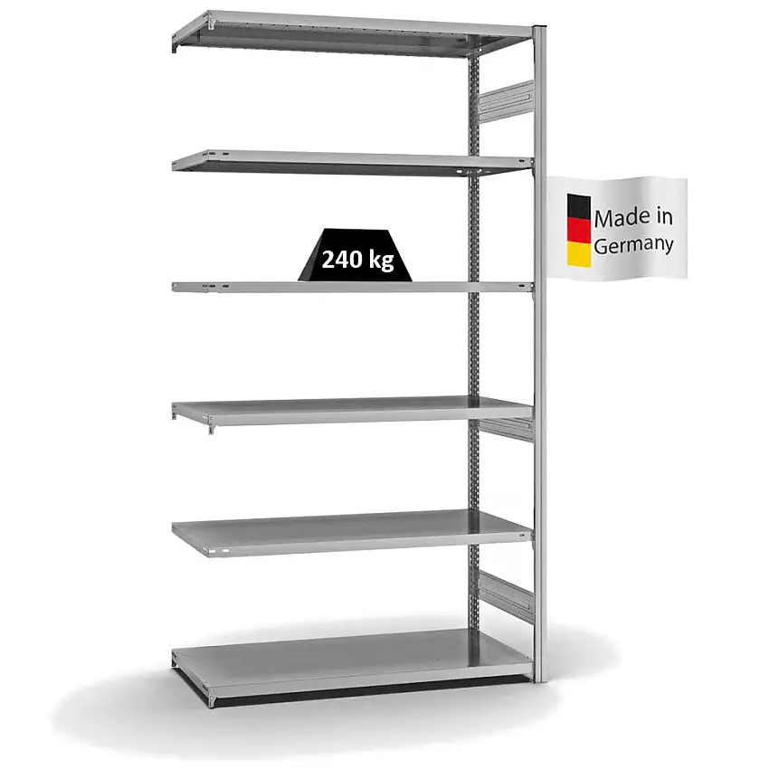 Fachbodenregal Stecksystem MAGNUS Made in Germany | Anbauregal | HxBxT 250x130x60cm | 6 Ebenen | Fachlast 240 kg | Beidseitig nutzbar | Verzinkt