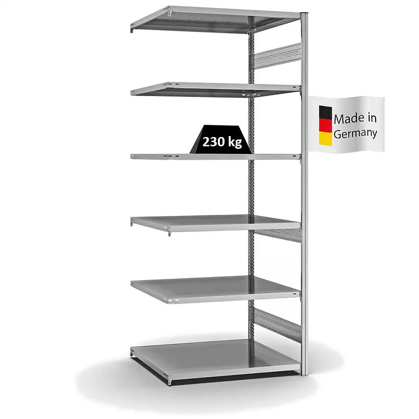 Fachbodenregal Stecksystem MAGNUS Made in Germany | Anbauregal | HxBxT 250x100x80cm | 6 Ebenen | Fachlast 230 kg | Beidseitig nutzbar | Verzinkt