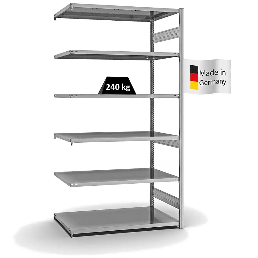 Fachbodenregal Stecksystem MAGNUS Made in Germany | Anbauregal | HxBxT 250x130x80cm | 6 Ebenen | Fachlast 240 kg | Beidseitig nutzbar | Verzinkt