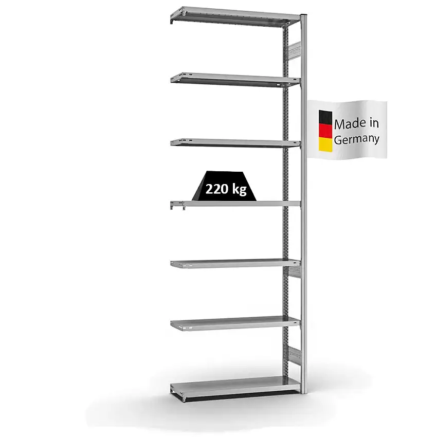 Fachbodenregal Stecksystem MAGNUS Made in Germany | Anbauregal | HxBxT 300x100x30cm | 7 Ebenen | Fachlast 220 kg | Beidseitig nutzbar | Verzinkt