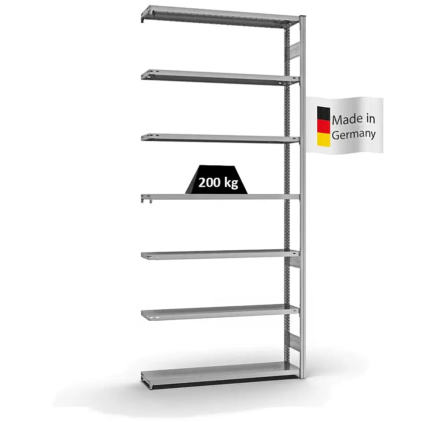 Fachbodenregal Stecksystem MAGNUS Made in Germany | Anbauregal | HxBxT 300x130x30cm | 7 Ebenen | Fachlast 200 kg | Beidseitig nutzbar | Verzinkt