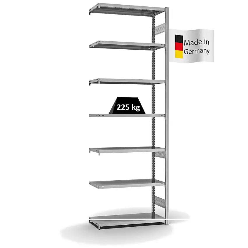 Fachbodenregal Stecksystem MAGNUS Made in Germany | Anbauregal | HxBxT 300x100x40cm | 7 Ebenen | Fachlast 225 kg | Beidseitig nutzbar | Verzinkt