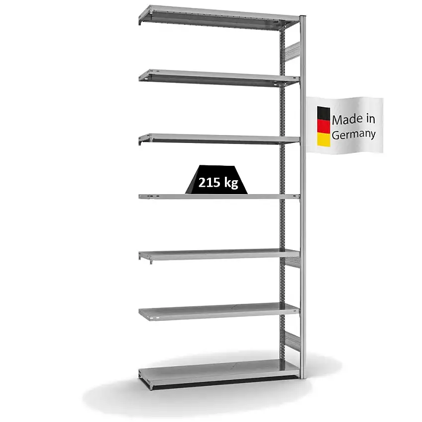 Fachbodenregal Stecksystem MAGNUS Made in Germany | Anbauregal | HxBxT 300x130x40cm | 7 Ebenen | Fachlast 215 kg | Beidseitig nutzbar | Verzinkt