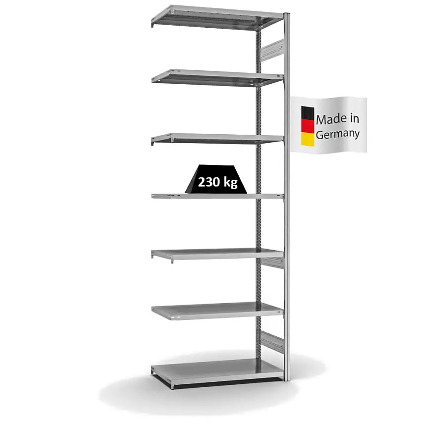 Fachbodenregal Stecksystem MAGNUS Made in Germany | Anbauregal | HxBxT 300x100x50cm | 7 Ebenen | Fachlast 230 kg | Beidseitig nutzbar | Verzinkt