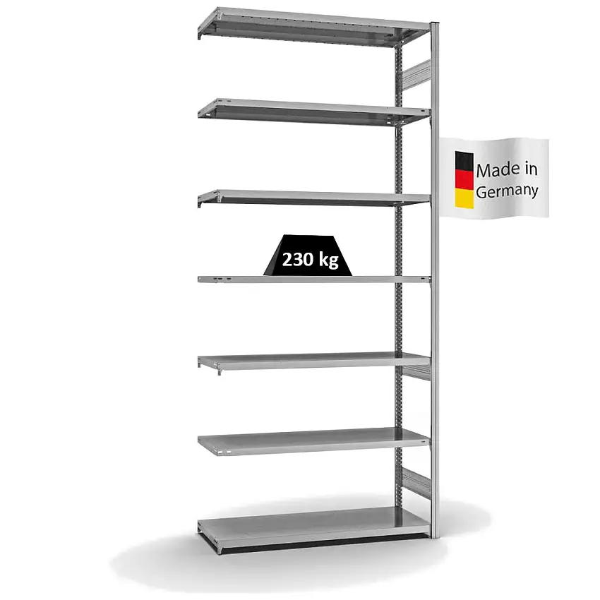 Fachbodenregal Stecksystem MAGNUS Made in Germany | Anbauregal | HxBxT 300x130x50cm | 7 Ebenen | Fachlast 230 kg | Beidseitig nutzbar | Verzinkt
