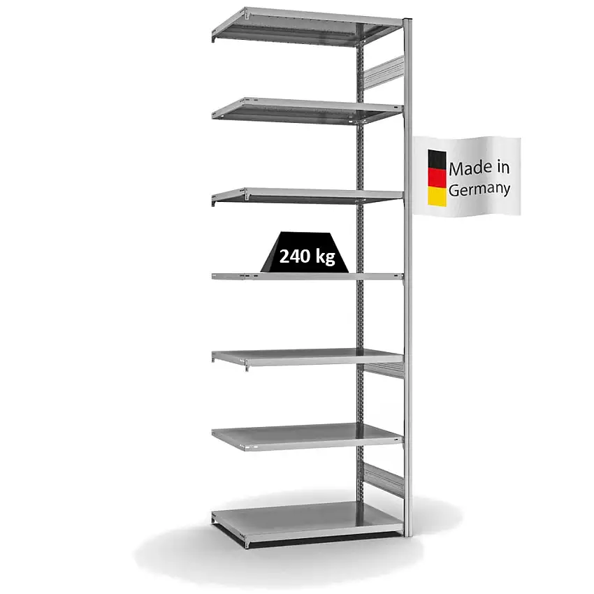 Fachbodenregal Stecksystem MAGNUS Made in Germany | Anbauregal | HxBxT 300x100x60cm | 7 Ebenen | Fachlast 240 kg | Beidseitig nutzbar | Verzinkt
