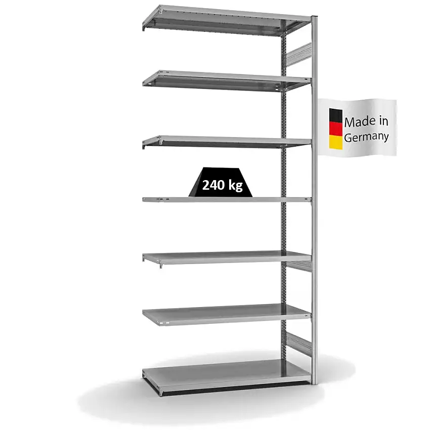 Fachbodenregal Stecksystem MAGNUS Made in Germany | Anbauregal | HxBxT 300x130x60cm | 7 Ebenen | Fachlast 240 kg | Beidseitig nutzbar | Verzinkt