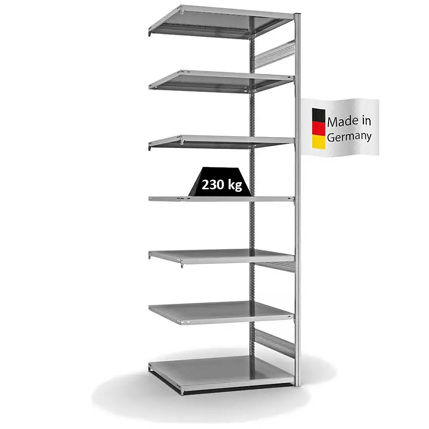 Fachbodenregal Stecksystem MAGNUS Made in Germany | Anbauregal | HxBxT 300x100x80cm | 7 Ebenen | Fachlast 230 kg | Beidseitig nutzbar | Verzinkt