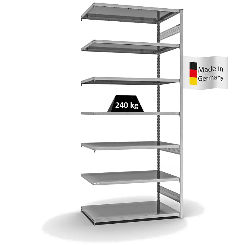 Fachbodenregal Stecksystem MAGNUS Made in Germany | Anbauregal | HxBxT 300x130x80cm | 7 Ebenen | Fachlast 240 kg | Beidseitig nutzbar | Verzinkt