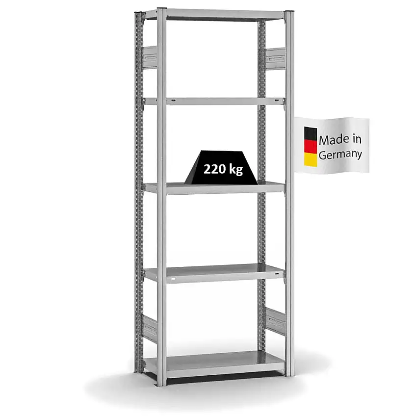Fachbodenregal Stecksystem MAGNUS Made in Germany | Grundregal | HxBxT 200x75x30cm | 5 Ebenen | Fachlast 220 kg | Beidseitig nutzbar | Verzinkt