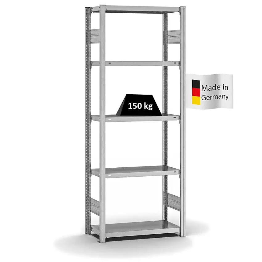 Fachbodenregal Stecksystem MAGNUS Made in Germany | Grundregal | HxBxT 200x75x30cm | 5 Ebenen | Fachlast 150 kg | Beidseitig nutzbar | Verzinkt