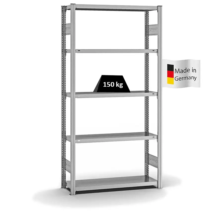 Fachbodenregal Stecksystem MAGNUS Made in Germany | Grundregal | HxBxT 200x100x30cm | 5 Ebenen | Fachlast 150 kg | Beidseitig nutzbar | Verzinkt