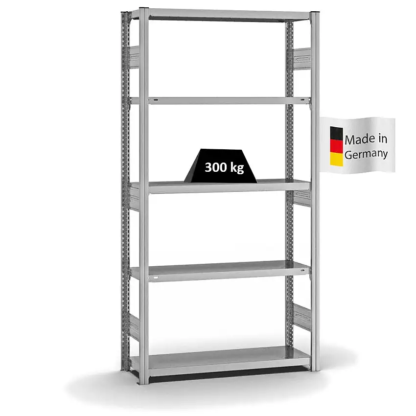 Fachbodenregal Stecksystem MAGNUS Made in Germany | Grundregal | HxBxT 200x100x30cm | 5 Ebenen | Fachlast 300 kg | Beidseitig nutzbar | Verzinkt