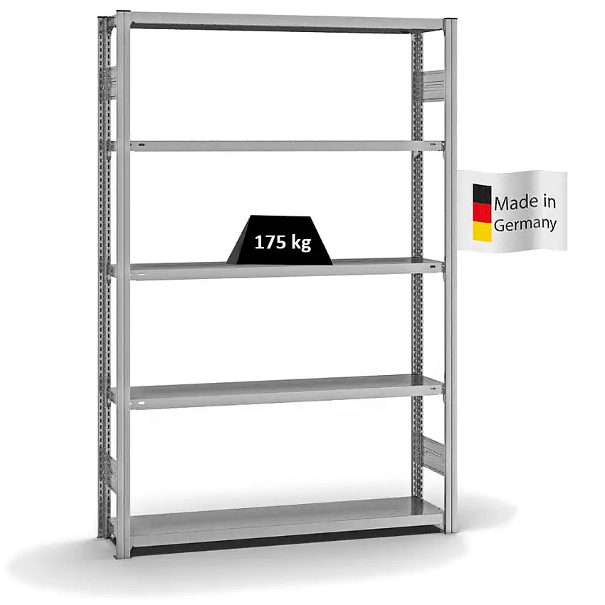 Fachbodenregal Stecksystem MAGNUS Made in Germany | Grundregal | HxBxT 200x130x30cm | 5 Ebenen | Fachlast 175 kg | Beidseitig nutzbar | Verzinkt