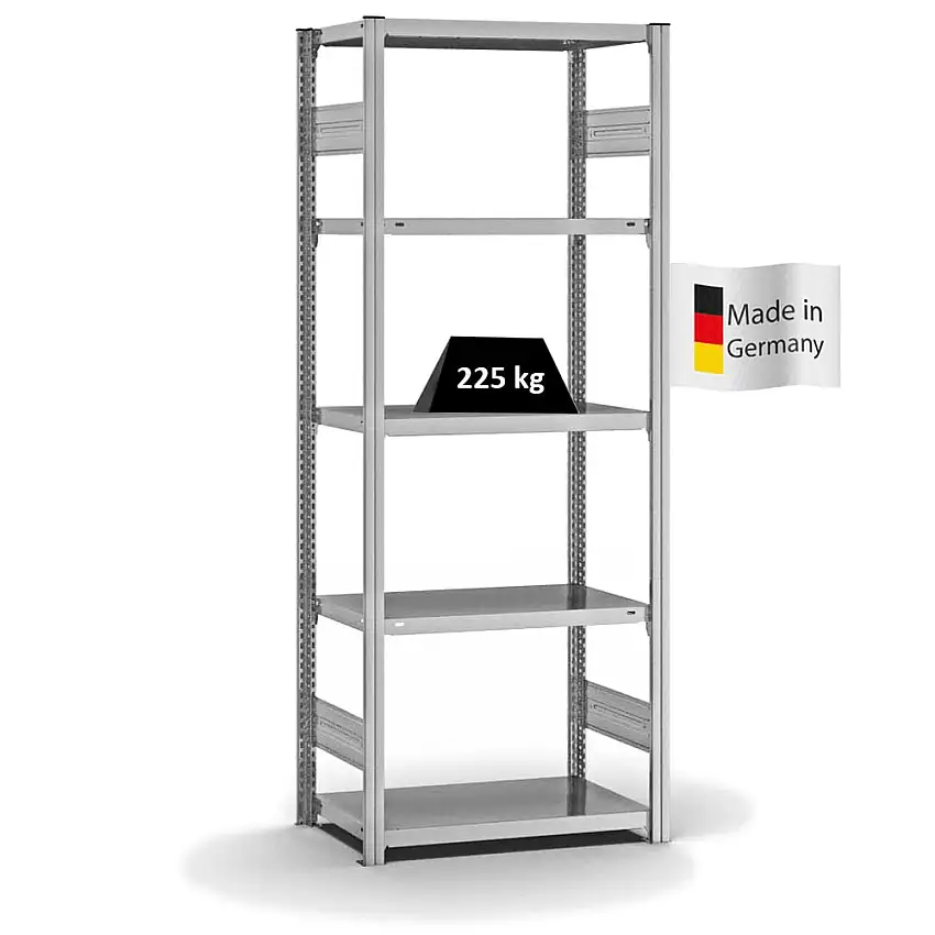 Fachbodenregal Stecksystem MAGNUS Made in Germany | Grundregal | HxBxT 200x75x40cm | 5 Ebenen | Fachlast 225 kg | Beidseitig nutzbar | Verzinkt