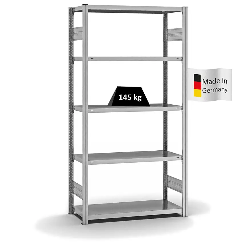 Fachbodenregal Stecksystem MAGNUS Made in Germany | Grundregal | HxBxT 200x100x40cm | 5 Ebenen | Fachlast 145 kg | Beidseitig nutzbar | Verzinkt