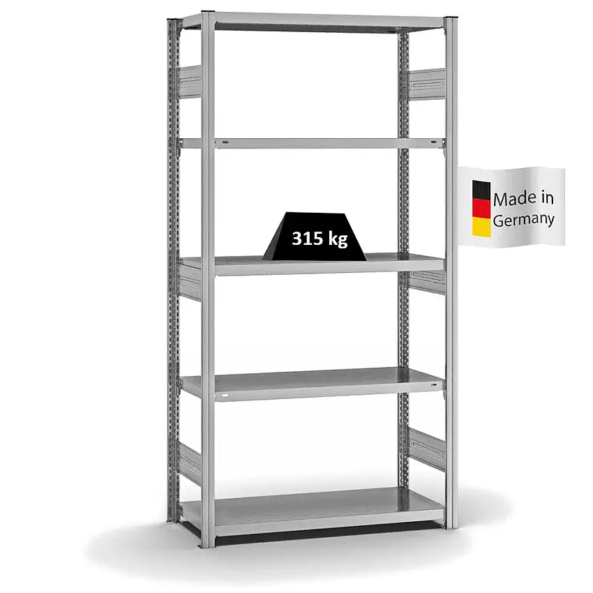 Fachbodenregal Stecksystem MAGNUS Made in Germany | Grundregal | HxBxT 200x100x40cm | 5 Ebenen | Fachlast 315 kg | Beidseitig nutzbar | Verzinkt