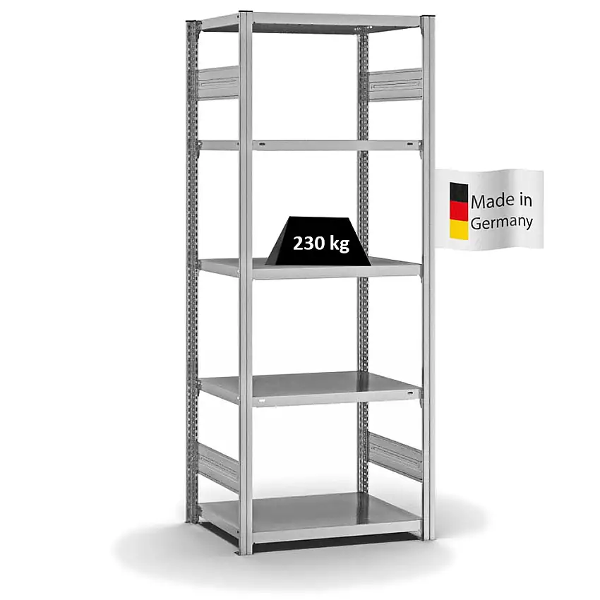 Fachbodenregal Stecksystem MAGNUS Made in Germany | Grundregal | HxBxT 200x75x50cm | 5 Ebenen | Fachlast 230 kg | Beidseitig nutzbar | Verzinkt