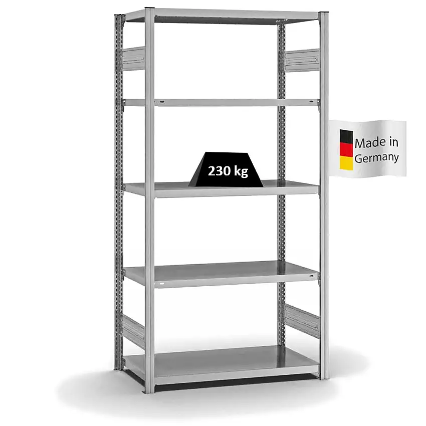 Fachbodenregal Stecksystem MAGNUS Made in Germany | Grundregal | HxBxT 200x100x50cm | 5 Ebenen | Fachlast 230 kg | Beidseitig nutzbar | Verzinkt