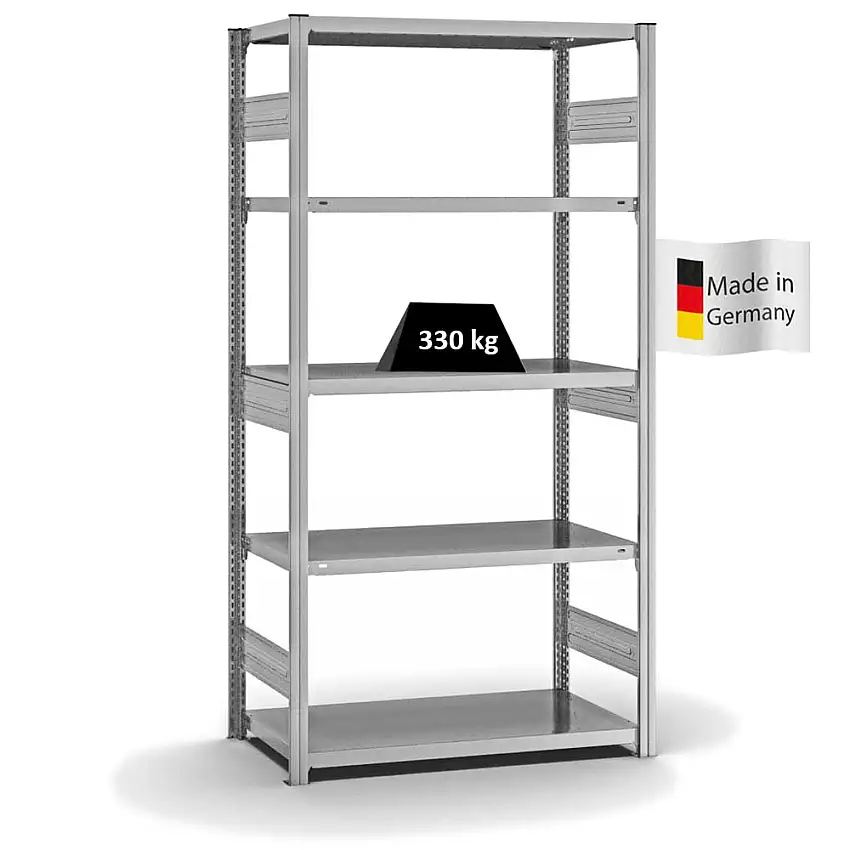 Fachbodenregal Stecksystem MAGNUS Made in Germany | Grundregal | HxBxT 200x100x50cm | 5 Ebenen | Fachlast 330 kg | Beidseitig nutzbar | Verzinkt
