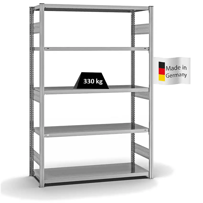 Fachbodenregal Stecksystem MAGNUS Made in Germany | Grundregal | HxBxT 200x130x50cm | 5 Ebenen | Fachlast 330 kg | Beidseitig nutzbar | Verzinkt