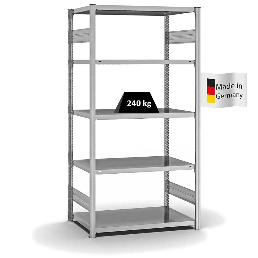 Fachbodenregal Stecksystem MAGNUS Made in Germany | Grundregal | HxBxT 200x100x60cm | 5 Ebenen | Fachlast 240 kg | Beidseitig nutzbar | Verzinkt