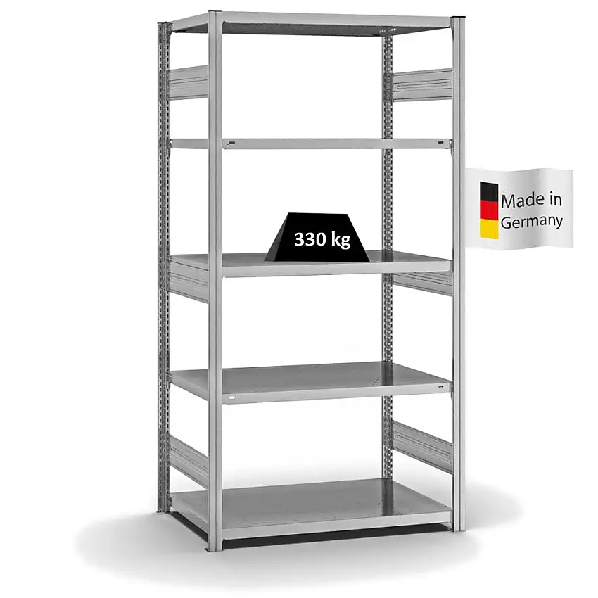Fachbodenregal Stecksystem MAGNUS Made in Germany | Grundregal | HxBxT 200x100x60cm | 5 Ebenen | Fachlast 330 kg | Beidseitig nutzbar | Verzinkt