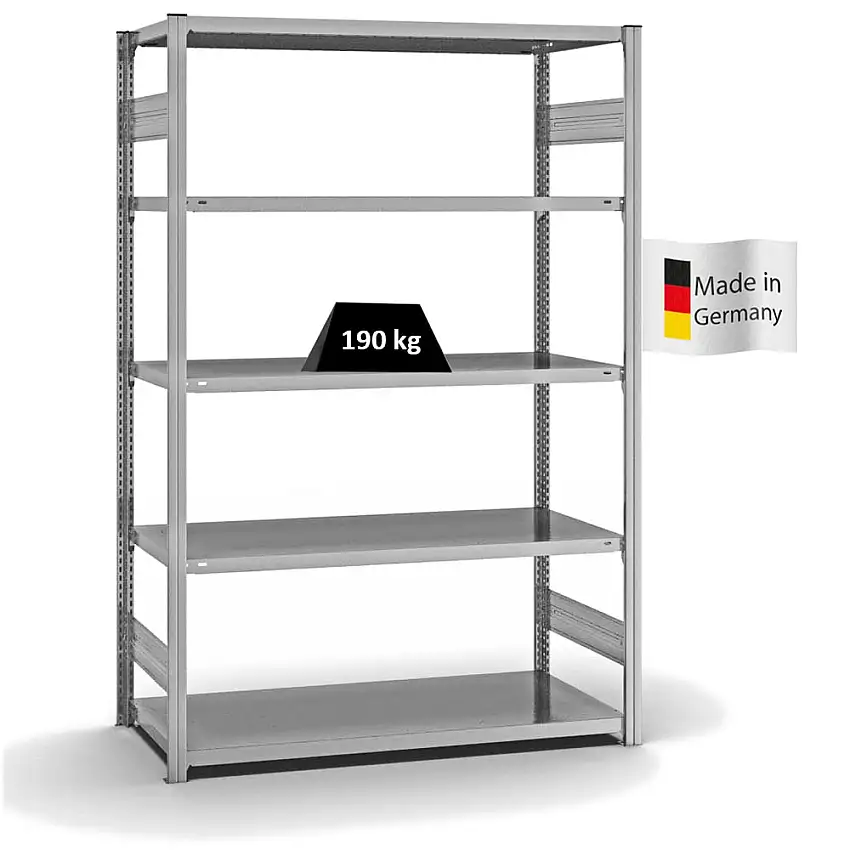 Fachbodenregal Stecksystem MAGNUS Made in Germany | Grundregal | HxBxT 200x130x60cm | 5 Ebenen | Fachlast 190 kg | Beidseitig nutzbar | Verzinkt