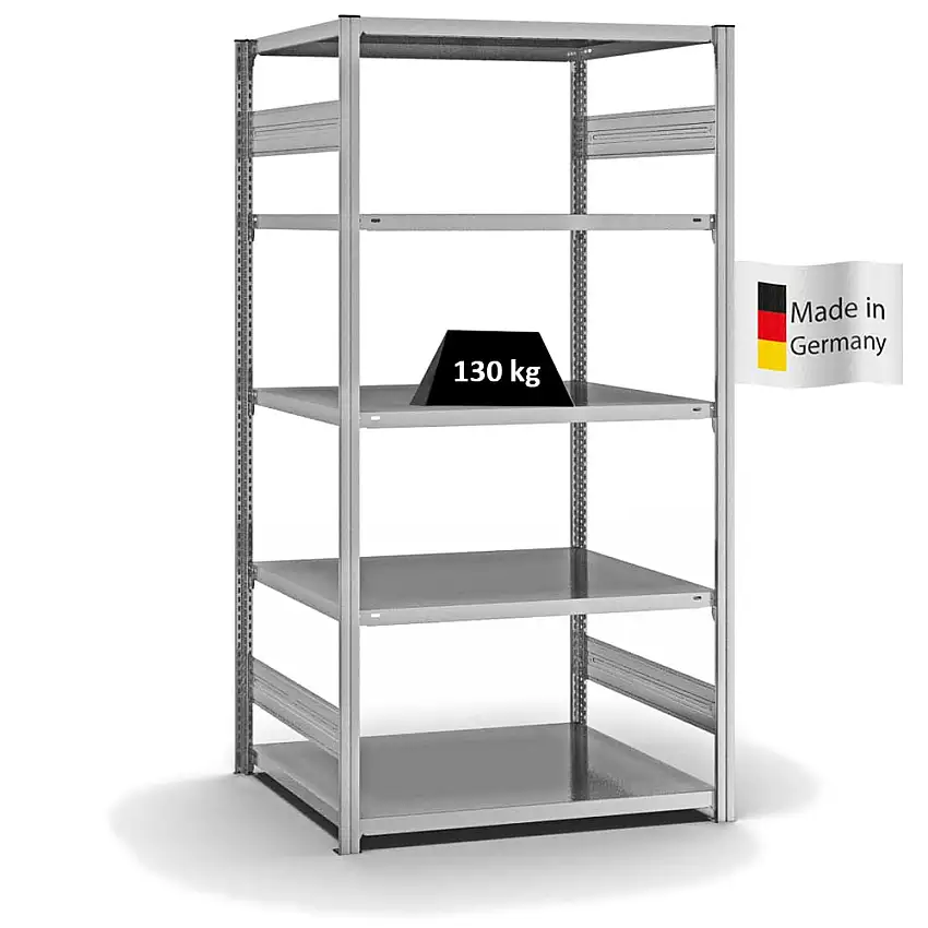 Fachbodenregal Stecksystem MAGNUS Made in Germany | Grundregal | HxBxT 200x100x80cm | 5 Ebenen | Fachlast 130 kg | Beidseitig nutzbar | Verzinkt