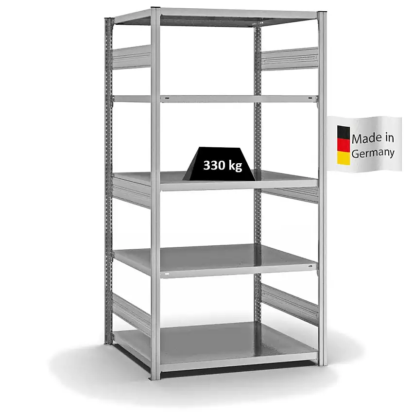 Fachbodenregal Stecksystem MAGNUS Made in Germany | Grundregal | HxBxT 200x100x80cm | 5 Ebenen | Fachlast 330 kg | Beidseitig nutzbar | Verzinkt