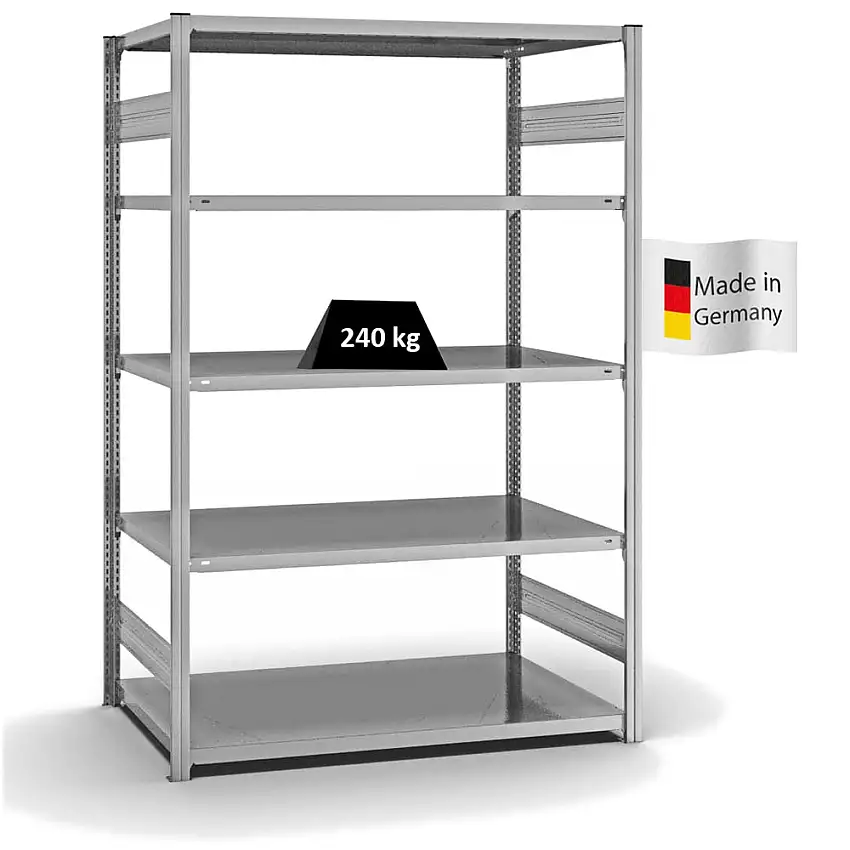 Fachbodenregal Stecksystem MAGNUS Made in Germany | Grundregal | HxBxT 200x130x80cm | 5 Ebenen | Fachlast 240 kg | Beidseitig nutzbar | Verzinkt