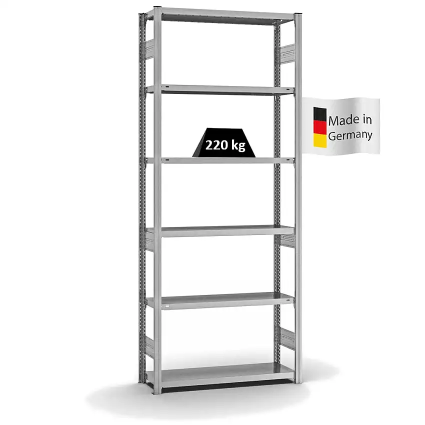 Fachbodenregal Stecksystem MAGNUS Made in Germany | Grundregal | HxBxT 250x100x30cm | 6 Ebenen | Fachlast 220 kg | Beidseitig nutzbar | Verzinkt