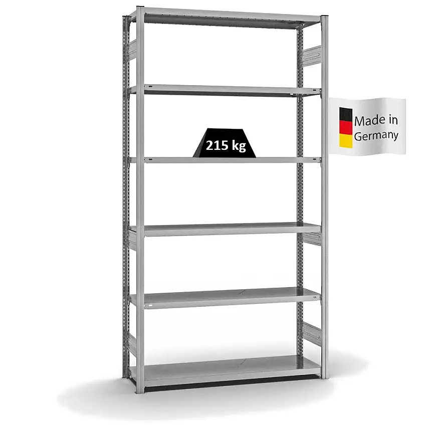 Fachbodenregal Stecksystem MAGNUS Made in Germany | Grundregal | HxBxT 250x130x40cm | 6 Ebenen | Fachlast 215 kg | Beidseitig nutzbar | Verzinkt