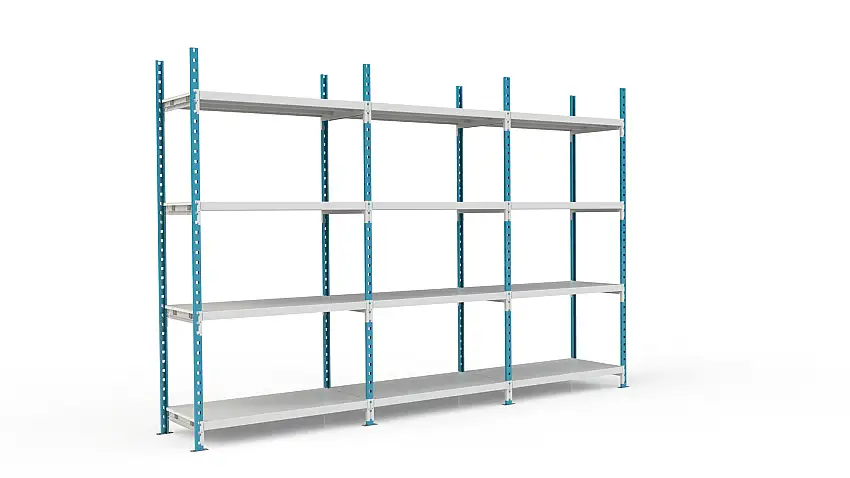 Fachbodenregal MAXIMUS Pro | Anbauregal | HxBxT 220x100x100cm | 4 Ebenen | Metallplatten-Fachboden | Fachlast 303kg | Lichtblau/Lichtgrau