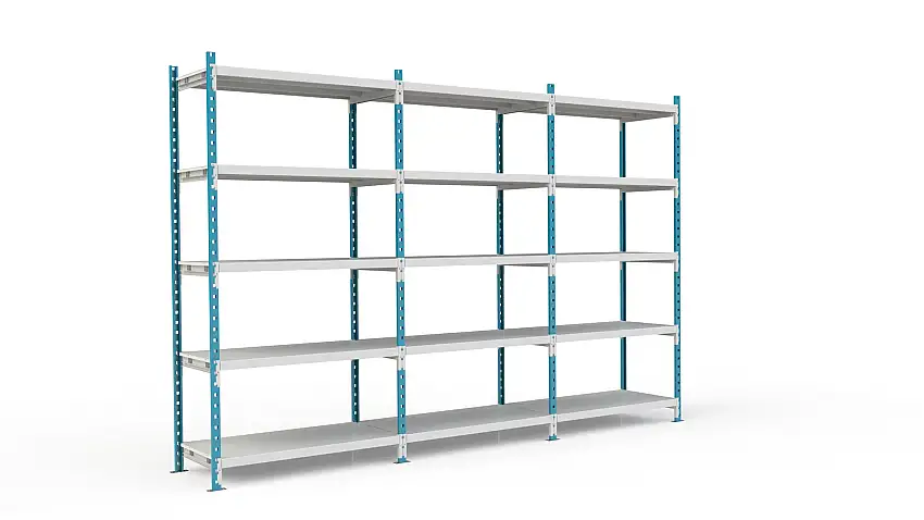 Fachbodenregal MAXIMUS Pro | Anbauregal | HxBxT 220x100x120cm | 5 Ebenen | Metallplatten-Fachboden | Fachlast 286kg | Lichtblau/Lichtgrau